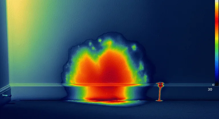 Wärmebild, das eine Wasserschadenstelle an einer Innenwand in Bodennähe zeigt, mit leuchtendem Rot und Gelb, die auf hohe Temperatur oder Feuchtigkeit hinweisen, und kühleren Blau- und Grüntönen an den Rändern.