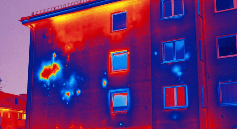 Ein Wärmebild einer Gebäudeaußenfläche zeigt Wärmeverluste - warme Bereiche in Gelb und Rot, kühlere Stellen in Blau -, die Probleme bei der Isolierung aufzeigen und bei der Wasserschadenortung um Fenster und Wandabschnitte helfen.