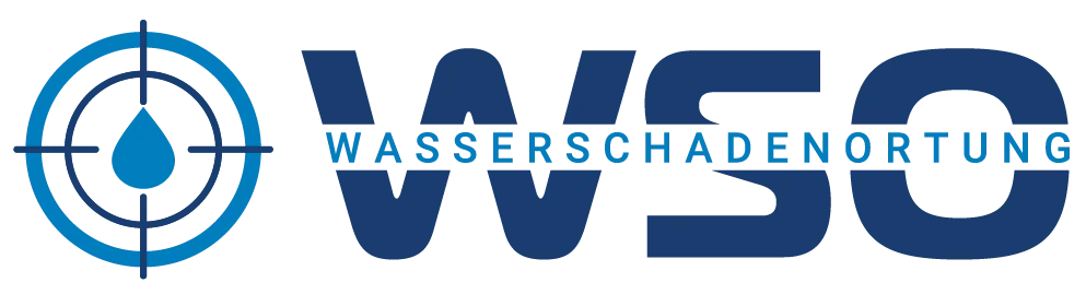 Logo für die WSO Wasserschadenortung mit einem blauen Wassertropfen in einem Zielsymbol auf der linken Seite, mit fettem dunkelblauem WSO-Text und hellblauem "Wasserschadenortung" in der Mitte.