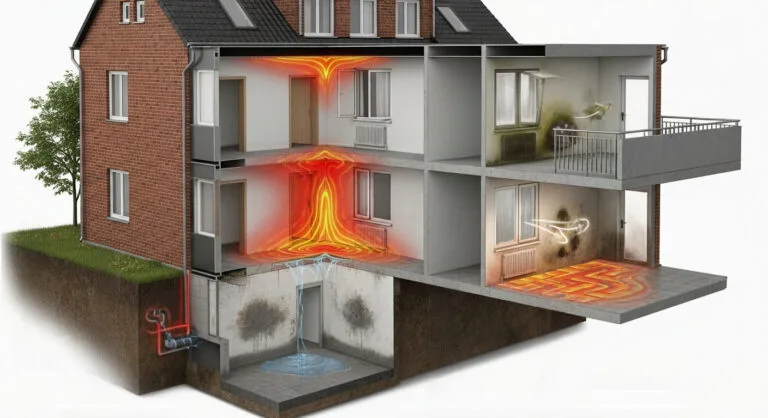 Der Querschnitt eines Hauses zeigt die Luftströme eines Lüftungssystems: warme Luft zirkuliert in den oberen Räumen, kühle Luft und Wasser im Keller und ein beheizter Fußboden - plus eine präzise Wasserschadenortung für eine erweiterte Temperatur- und Feuchtigkeitsregelung.