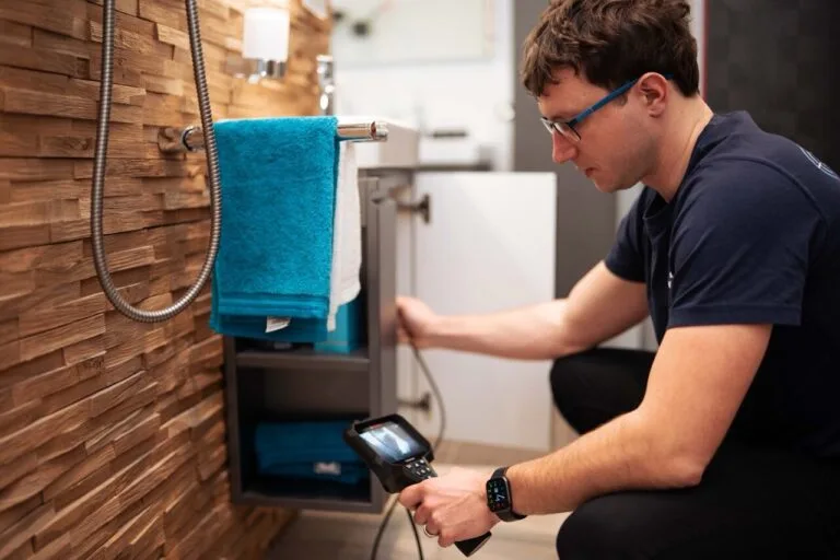 Eine Person mit Brille kniet neben einem Waschbeckenschrank und benutzt eine Handkamera für die Wasserschadenortung, um das Innere des Schrankes zu untersuchen. Blaue und weiße Handtücher sind ordentlich gestapelt und hängen in der Nähe.