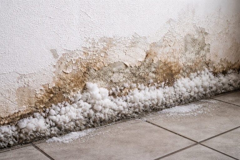 Anzeichen für Wasserlecks. Eine beschädigte Wand mit abblätternder Farbe und braunen Flecken von einem Wasserschaden in der Nähe des Fußbodens, mit weißem, flockigem Schimmel oder Salzablagerungen am Boden über einem Fliesenboden - ideal für die Wasserschadenortung, um versteckte Feuchtigkeitsquellen zu identifizieren.