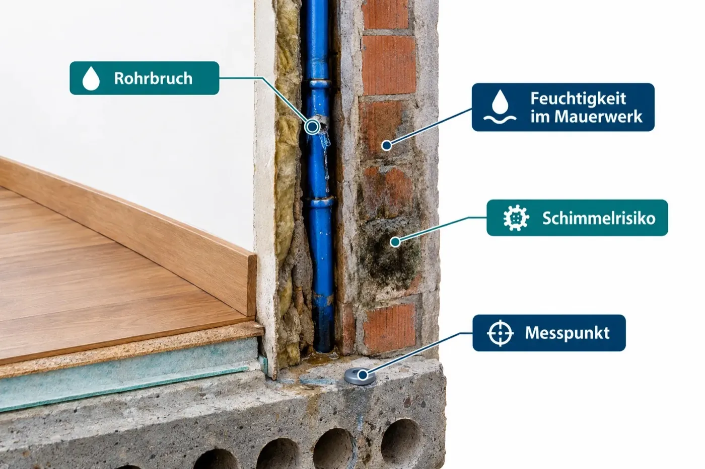 Schnittdiagramm eines Wandlecks mit Messpunkt-Beschriftung