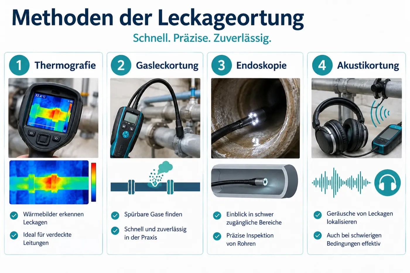 Vier-Panel-Vergleich von Thermografie, Gasleckortung, Endoskopie und Akustikortung