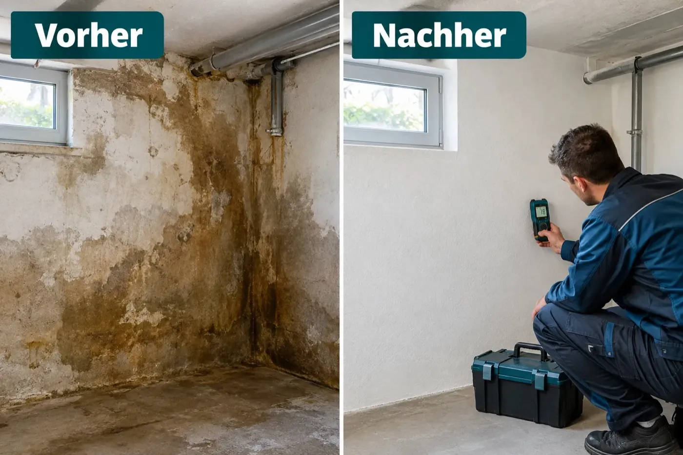 Vorher-Nachher-Vergleich einer sanierten Kellerwand