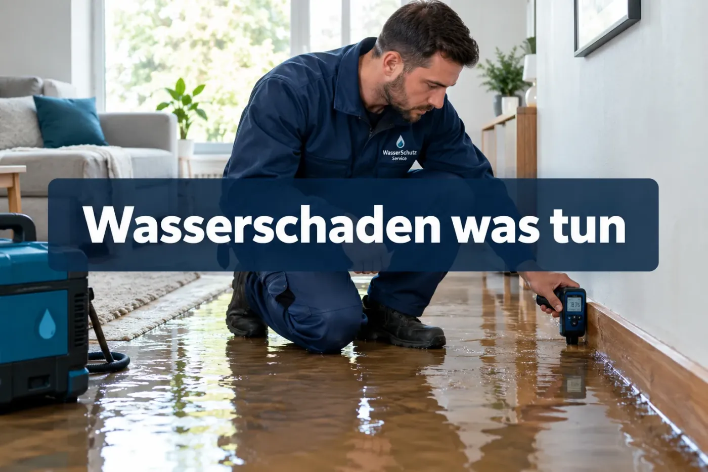 Professional () hero image with short (≤42 chars): 'Wasserschaden was tun', white on a dark navy semi-transparent panel,